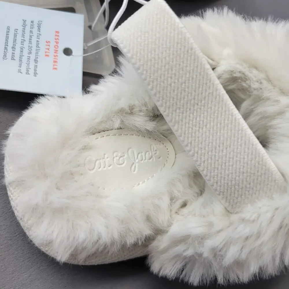 Cat & Jack Slippers Youth Girls M 7/8 Lila Scuff Puff Silver Fax Fur Soft New